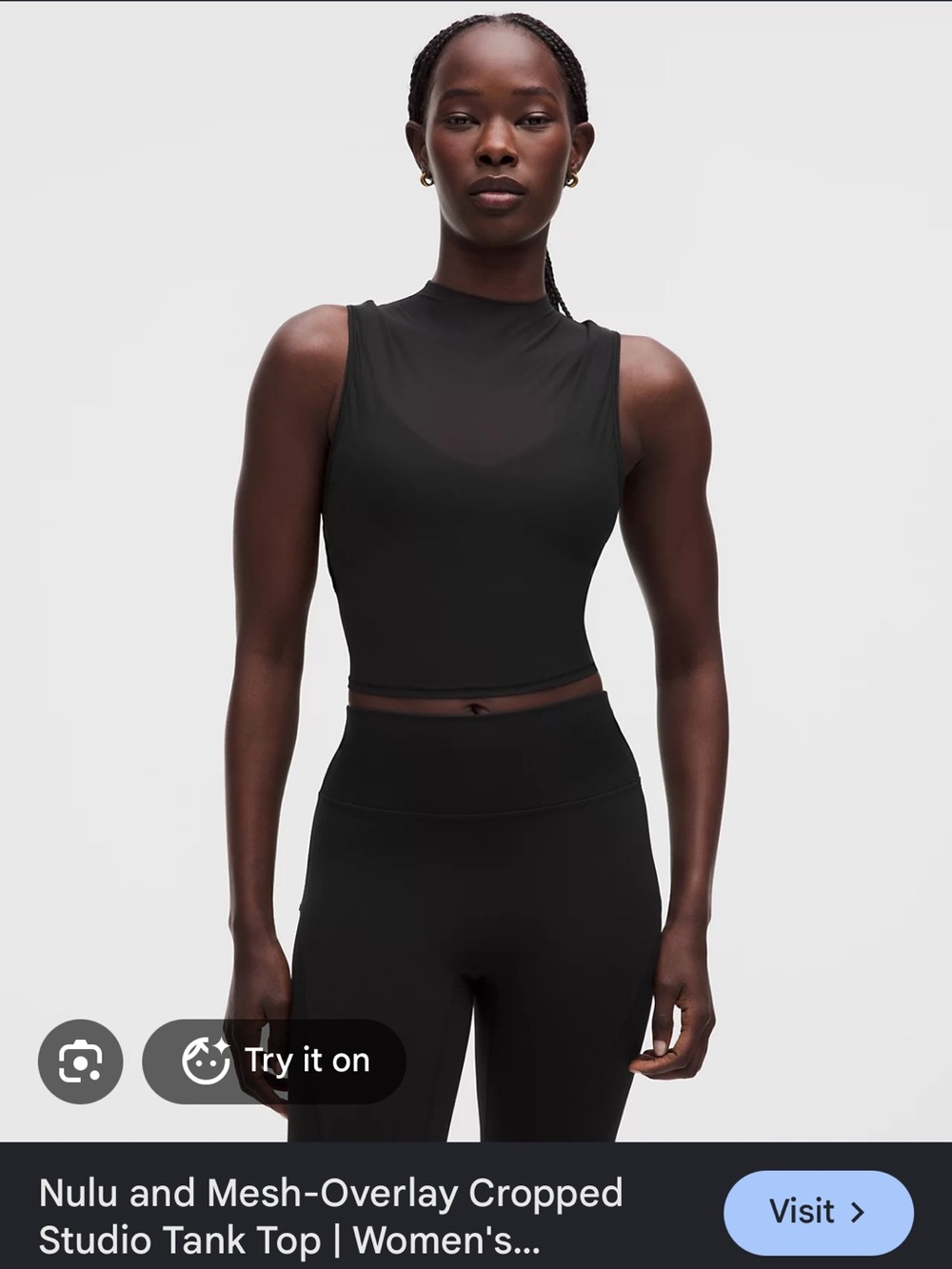 lululemon Black Mesh-Overlay Cropped Studio Tank and mesh overlay shorts